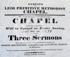 Announcement of the opening of the Primitive Methodist Chapel in Leire (1821)